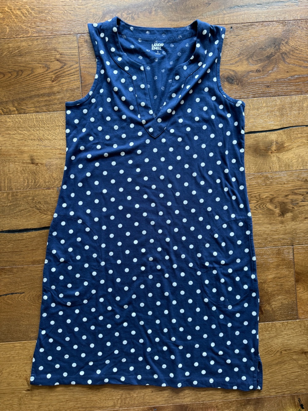 Lands End Splitneck Swim Cover-Up Dress Deep Sea Blue Polka Dot Size S 6/8 Beach